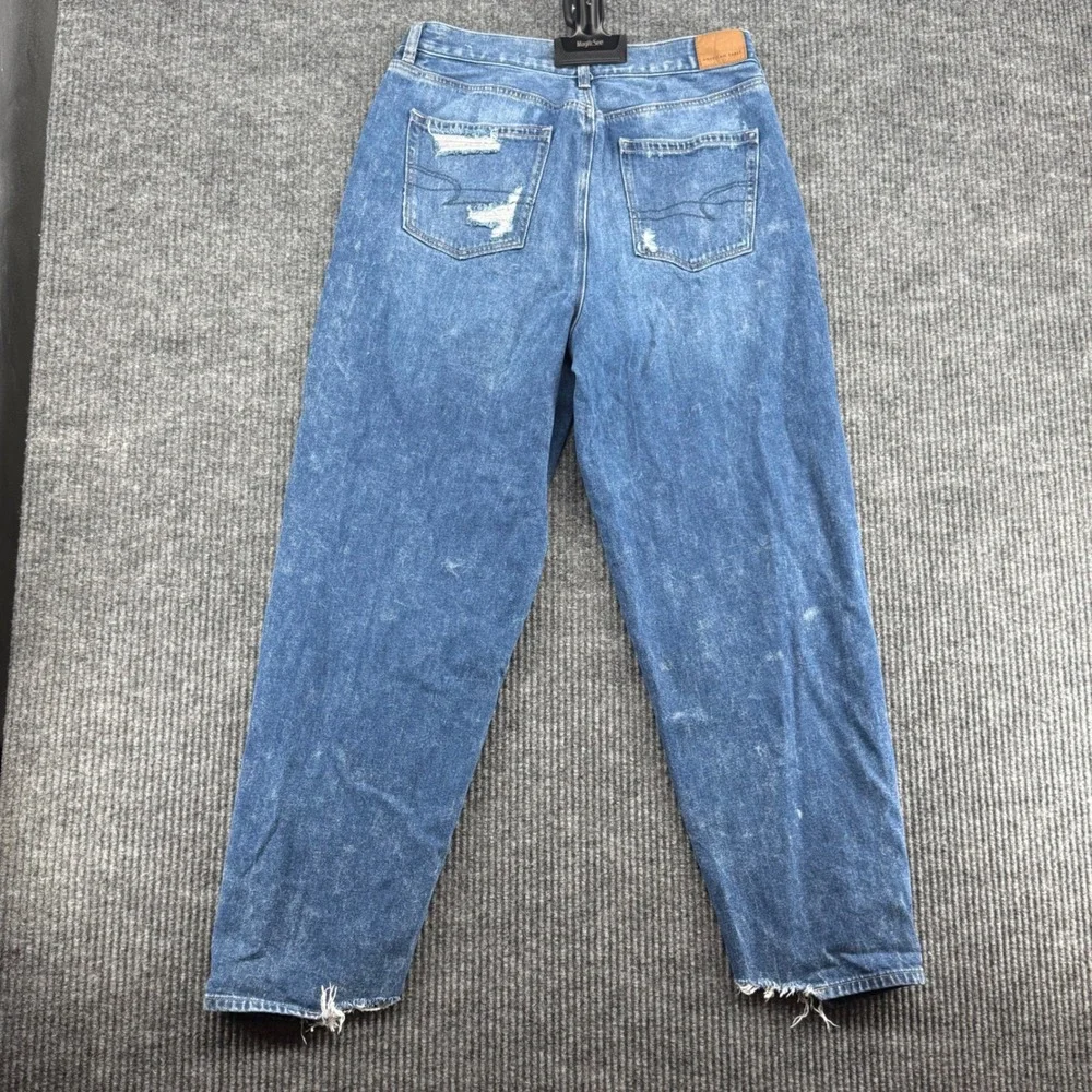 American Eagle Mom Jeans Womens 10 Long Blue Good Distressed Ripped Raw Hem